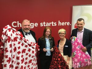 2017 Scholfield Award Recipient, Faith Dickinson of Cuddles for Cancer with Jim Russell, United Way CEO, Erica Richmond United Way Development Officer, David Fell United Way Board Chair